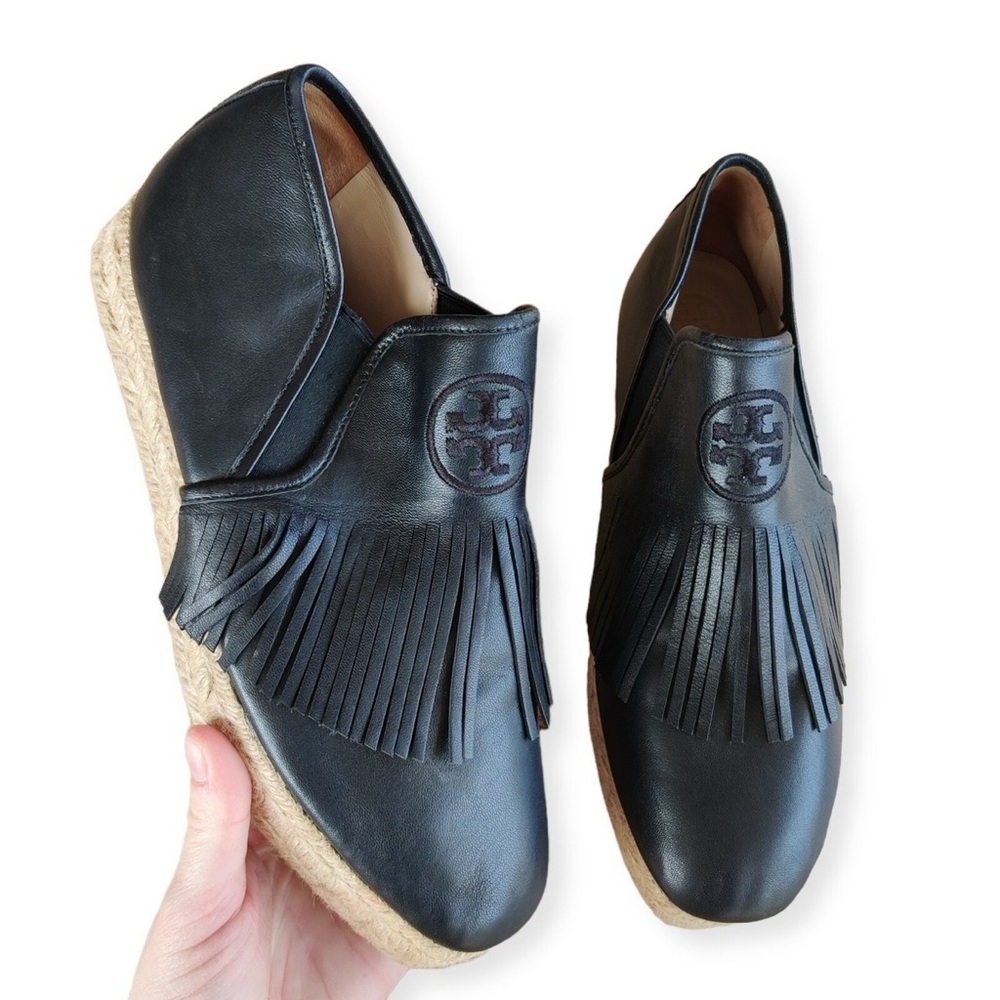 Tory Burch Black Leather Fringe Rios Platform Espadrilles